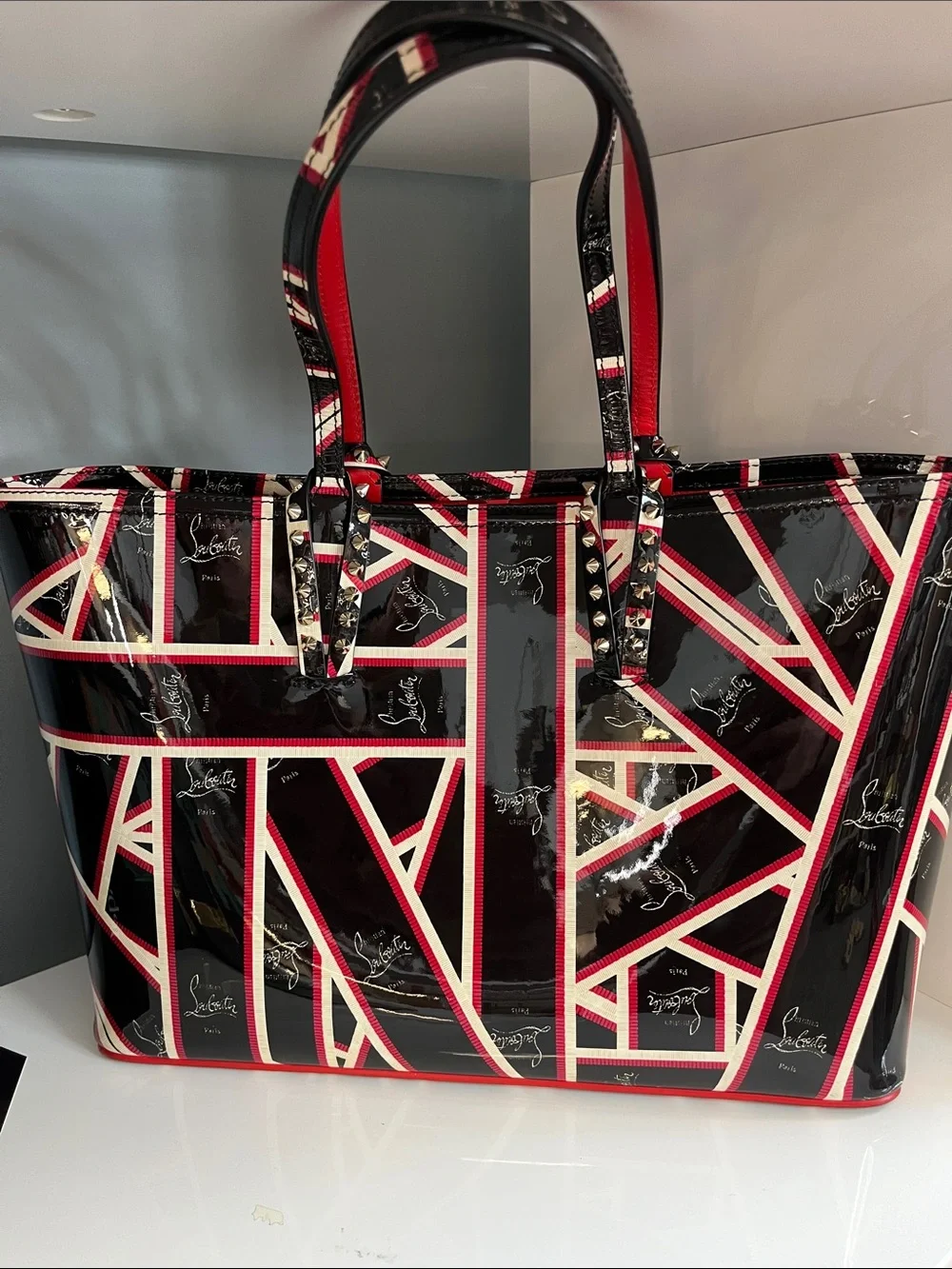 Christian Louboutin Black, Red & White Patent Geometric Tote - Picture 1 of 1
